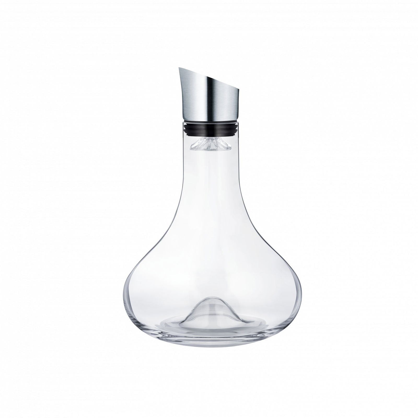 Elegant glass water carafe with a sleek metal spout against a black background.