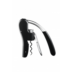 Stylish black wine corkscrew with a sleek silver handle for easy wine bottle opening.