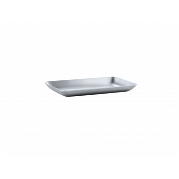 Sleek modern silver tray with a rectangular shape and slightly raised edges.