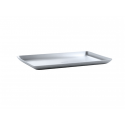Elegantes Serviertablett aus Edelstahl mit glatten Kanten auf einem schlichten Hintergrund.