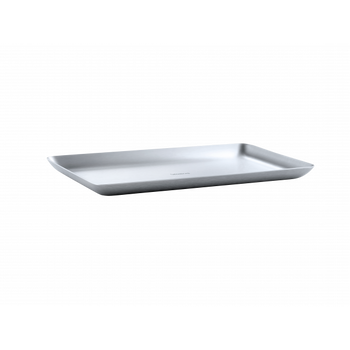Sleek stainless steel serving tray with smooth edges on a plain background.