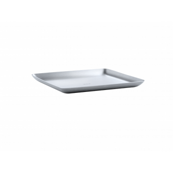 Modern stainless steel serving tray with a sleek, square design.