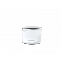 Clear glass container with a sleek silver lid for stylish storage.