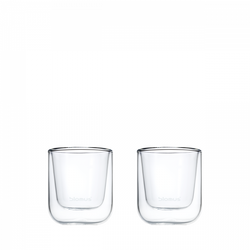 Set of two elegant Blomus double-walled glass cups for hot or cold beverages.