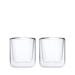Set of two modern glass tumblers by Blomus on a white background.