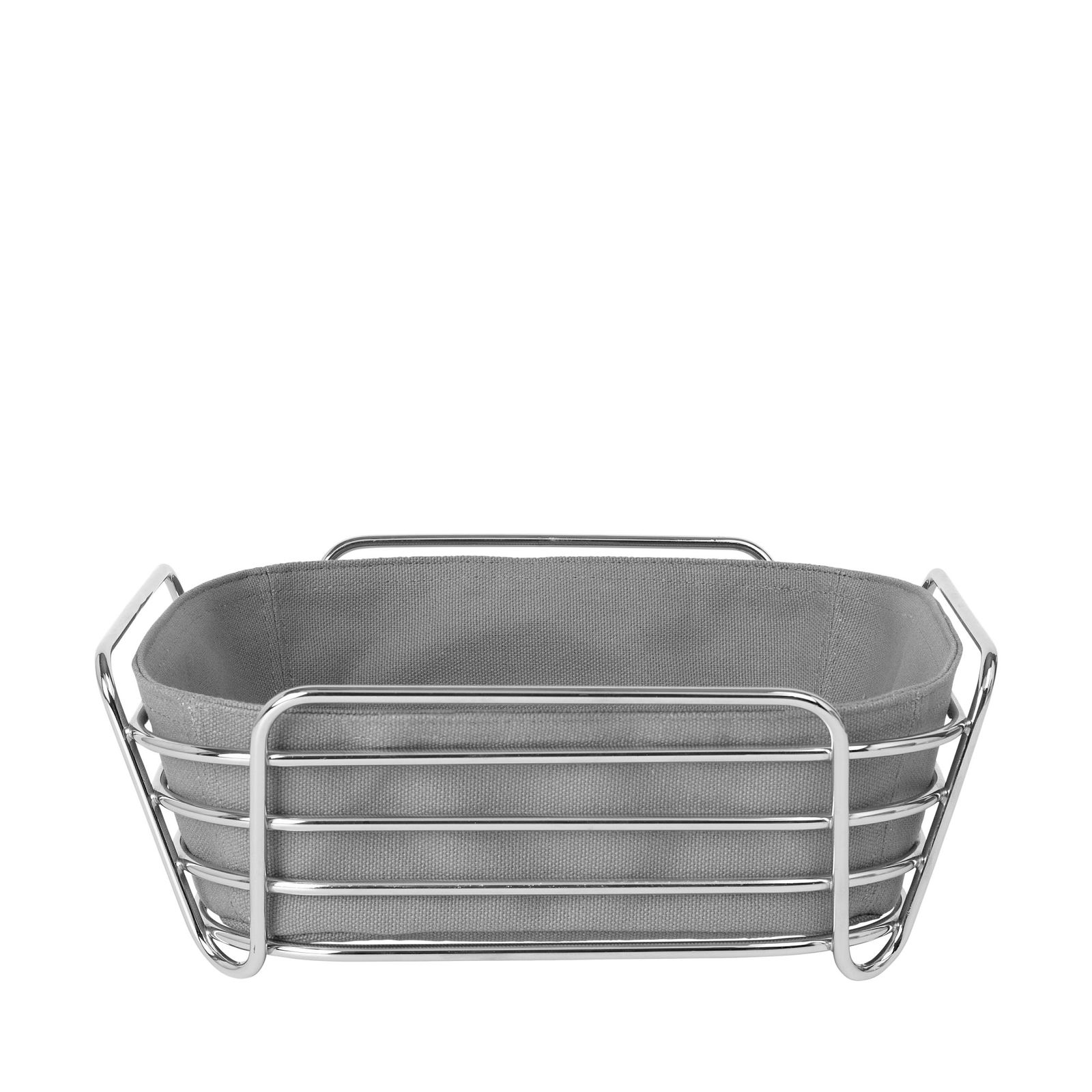 Gray fabric-lined wire basket for storage and organization.