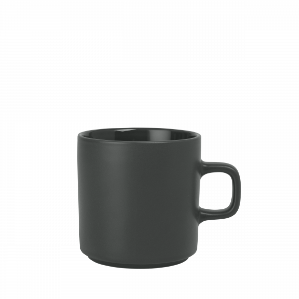 Matte black ceramic coffee mug with a simple handle and modern design.