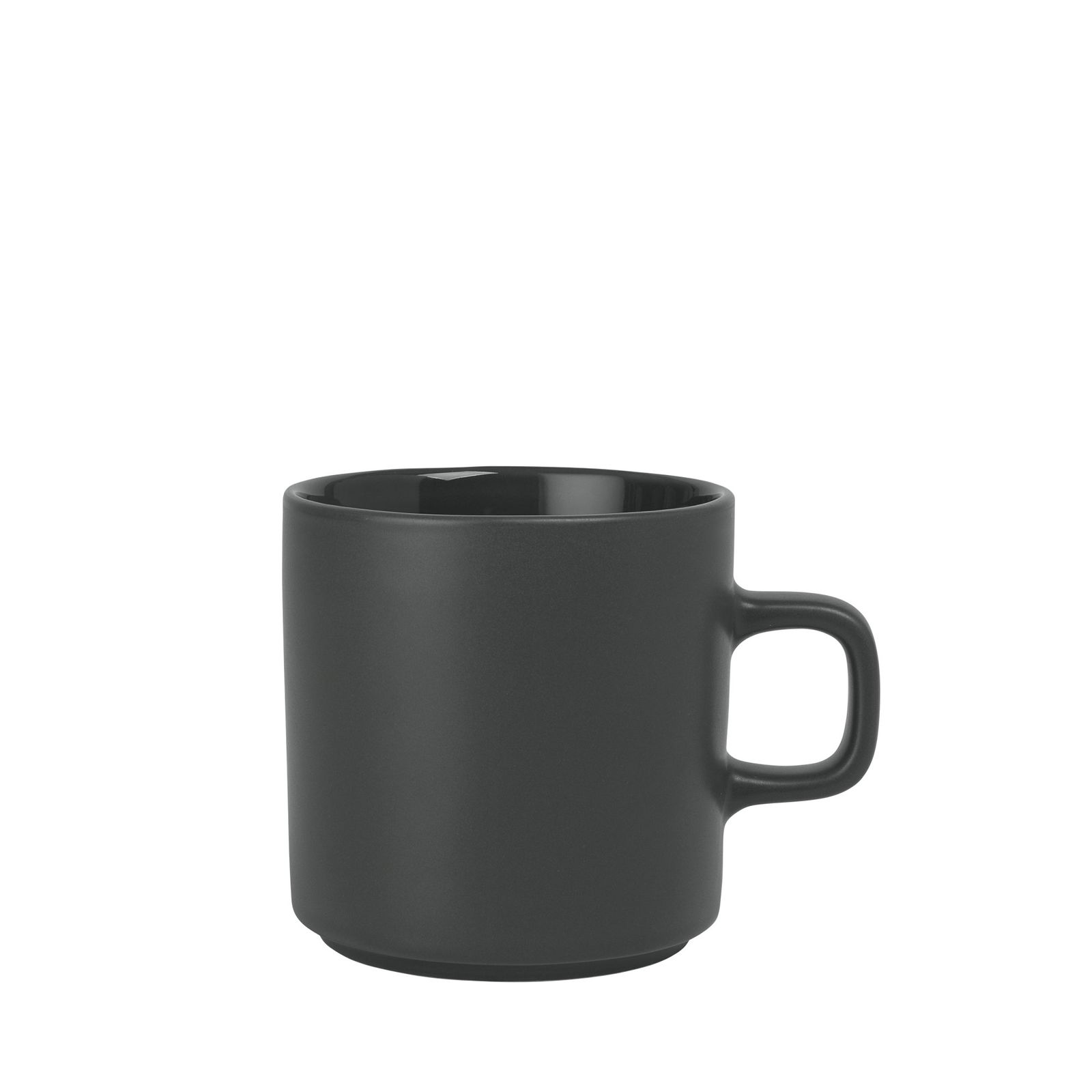 Matte black ceramic coffee mug with a simple handle and modern design.