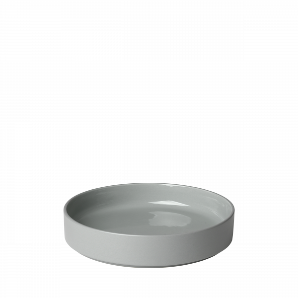Minimalist gray ceramic dish with a glossy finish and shallow design.
