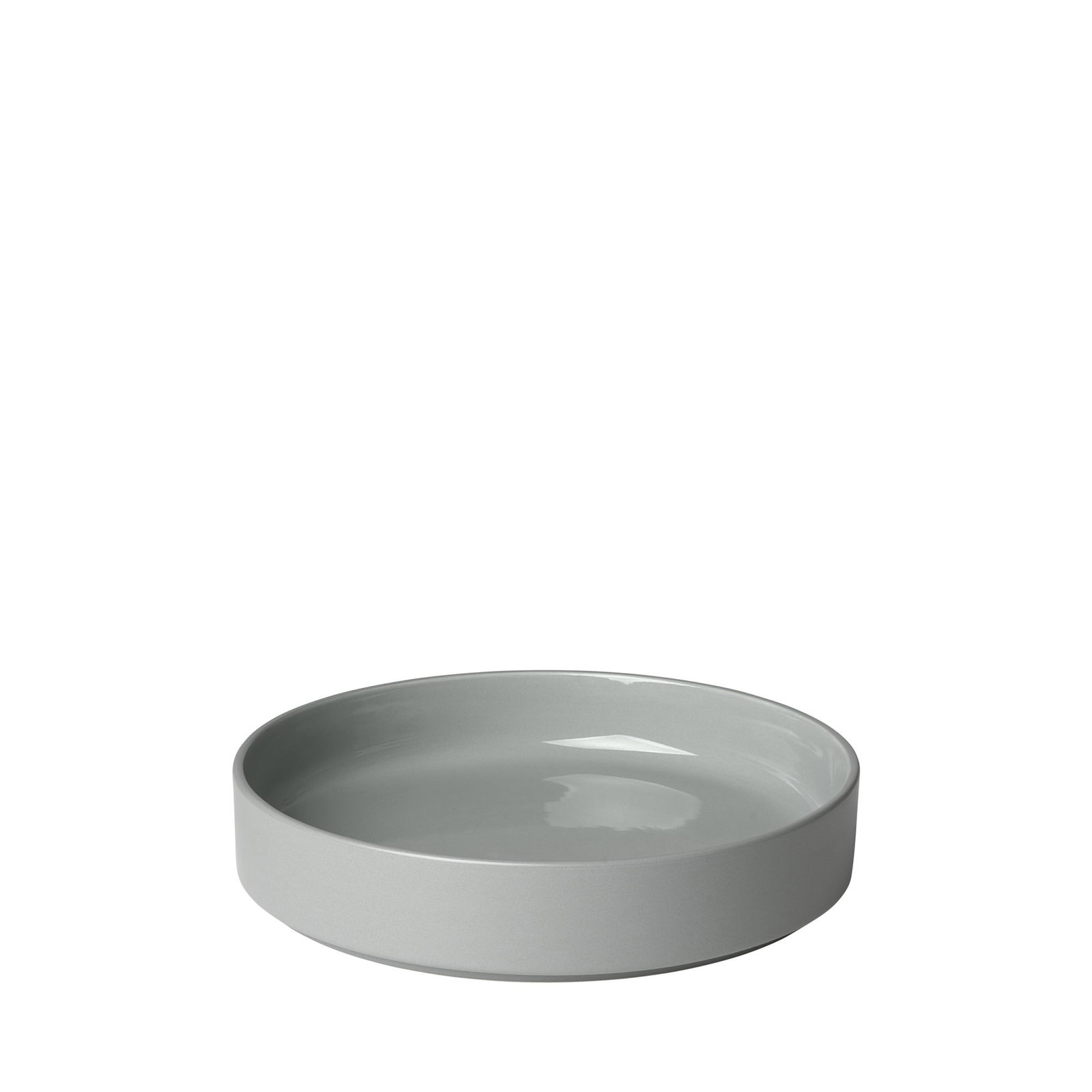 Minimalist gray ceramic dish with a glossy finish and shallow design.