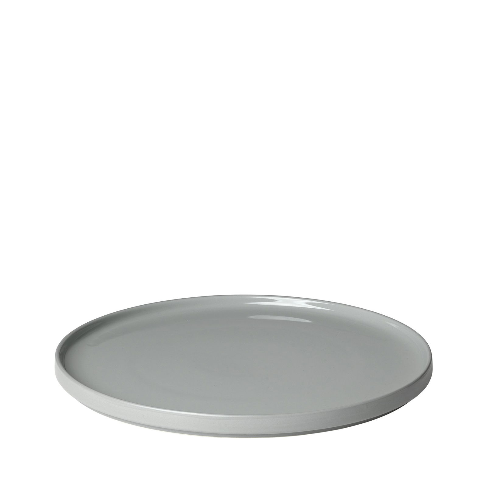 Minimalistische graue Keramikplatte mit glatter Oberfläche und erhöhtem Rand.