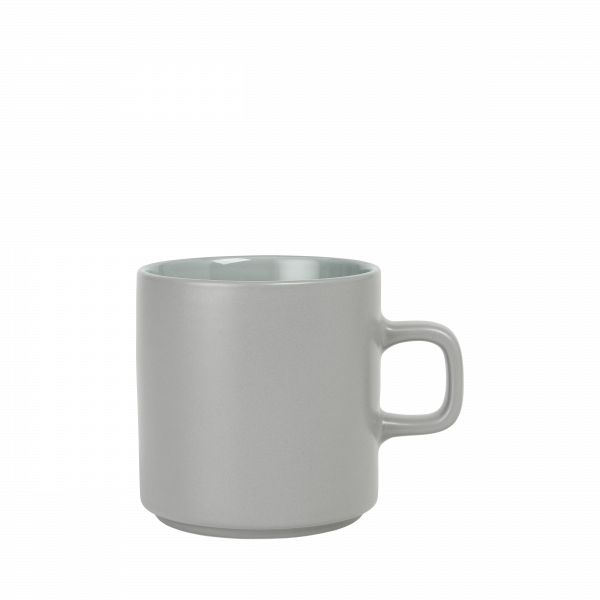 Stylish gray ceramic mug with a minimalist design and a comfortable handle.