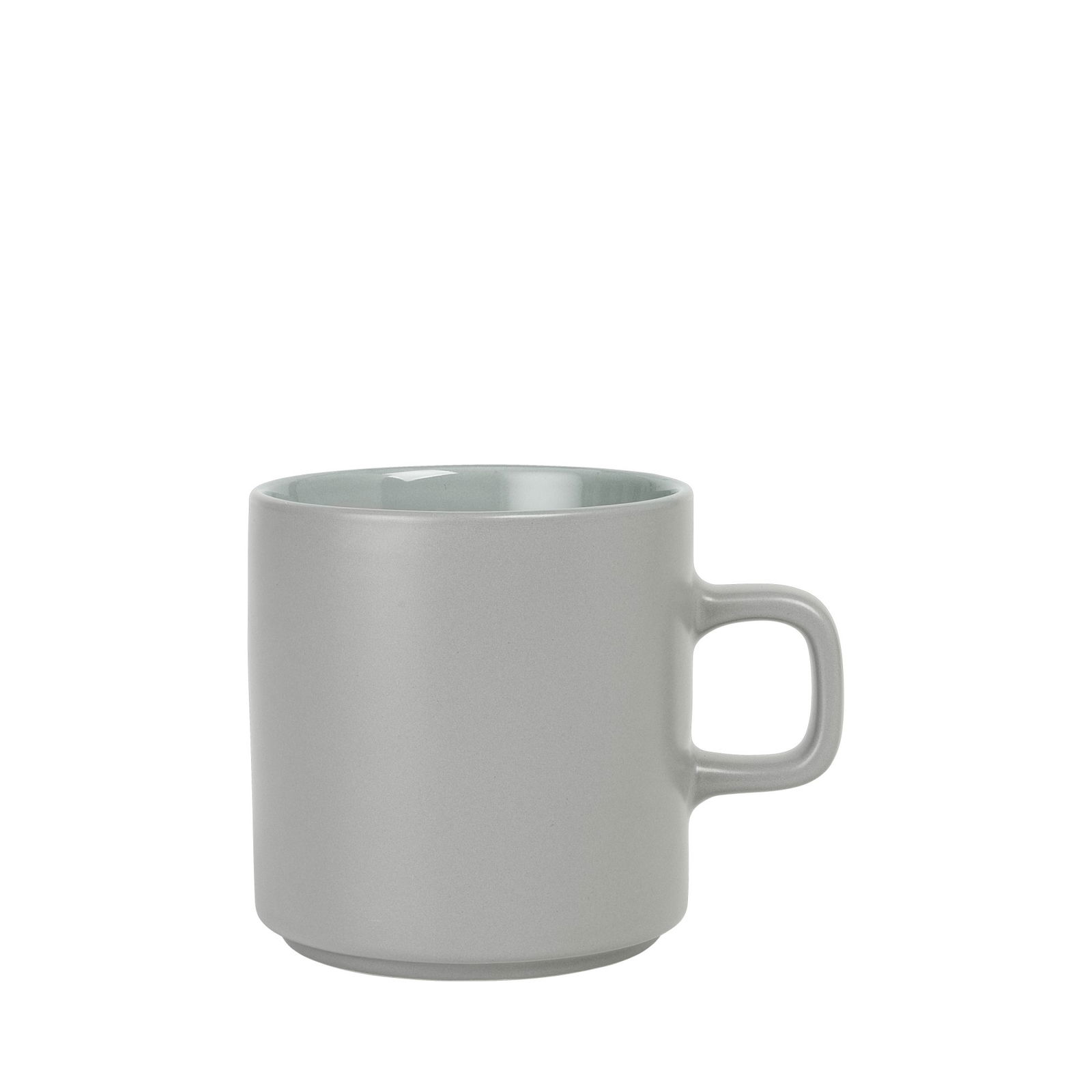 Stylish gray ceramic mug with a minimalist design and a comfortable handle.