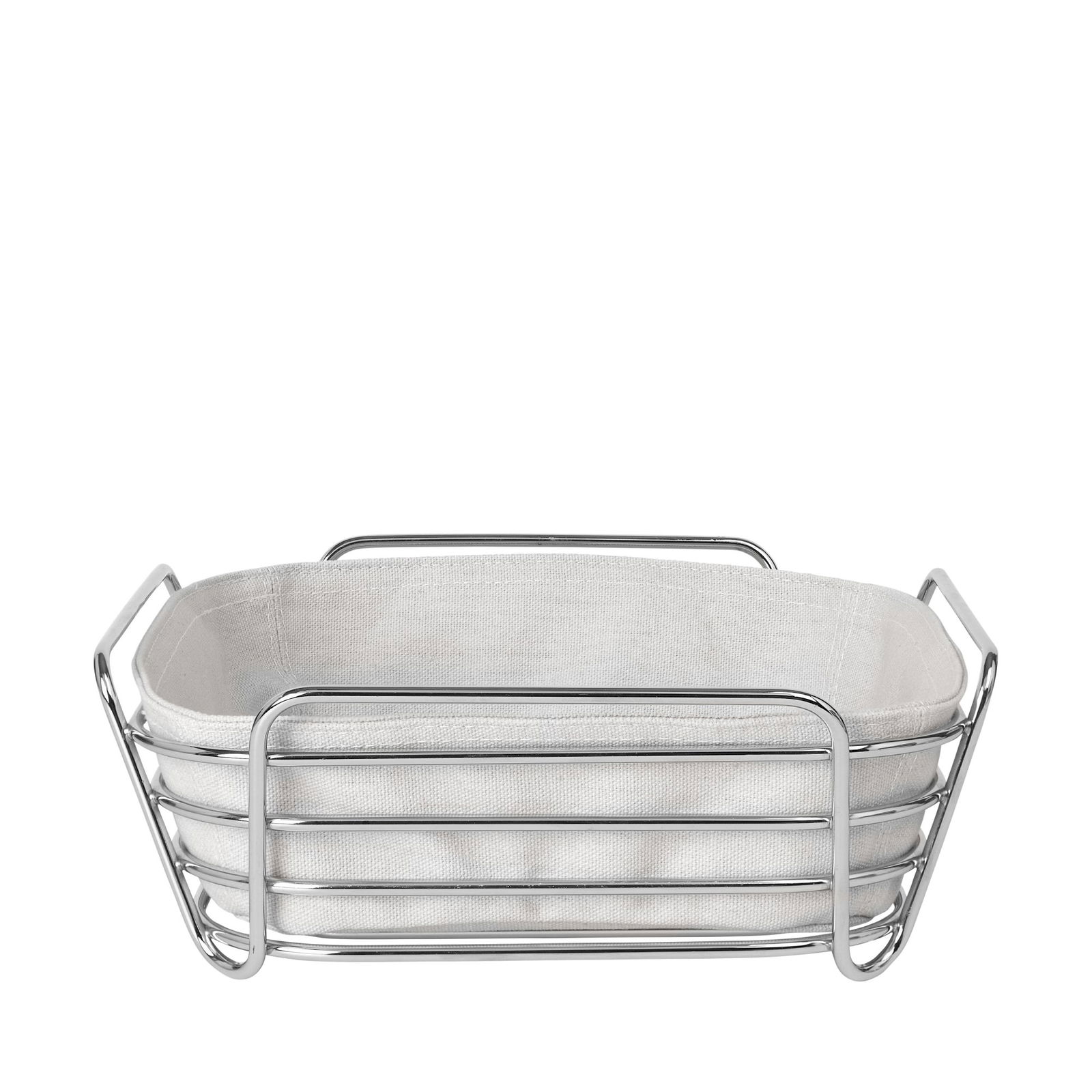 Stylish metal basket with a white fabric liner for home organization and decor.