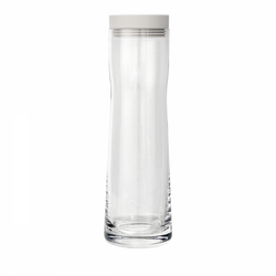 Clear glass water bottle with a sleek design and silver lid.