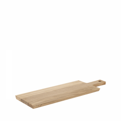 Wooden serving board with a handle on a black background, ideal for kitchen display.
