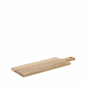 Wooden serving board with a handle on a black background, ideal for kitchen display.