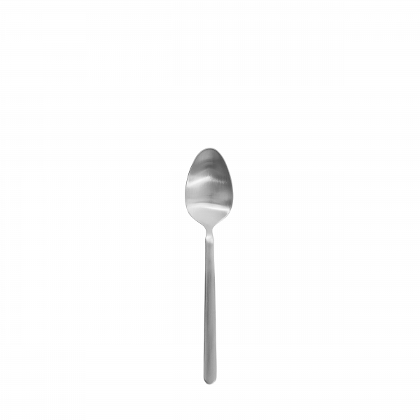Simple metal spoon on a black background, highlighting its sleek design and reflection.