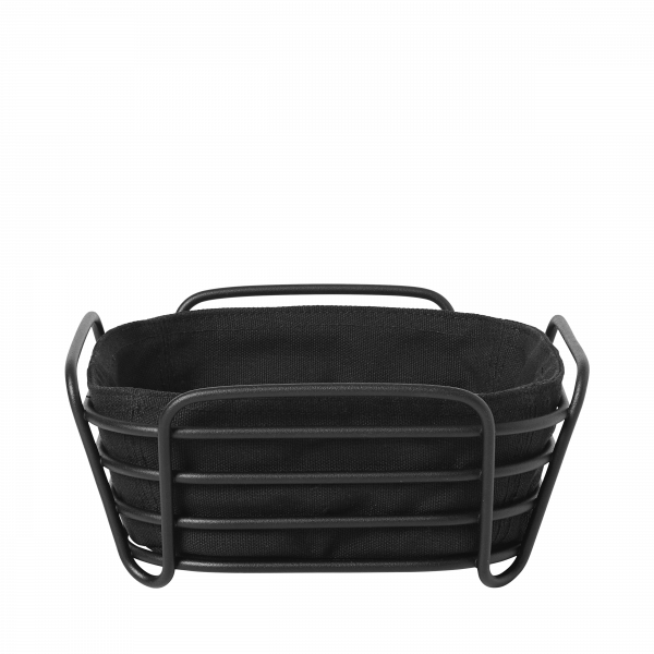 Stylish black metal and fabric basket perfect for home organization and decor.