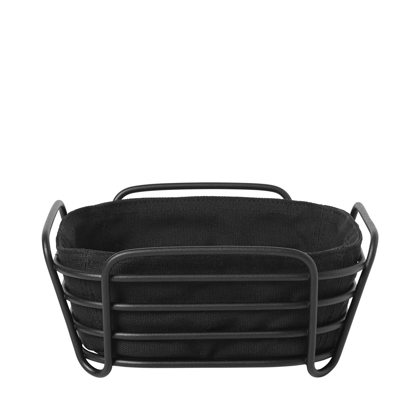 Stylish black metal and fabric basket perfect for home organization and decor.