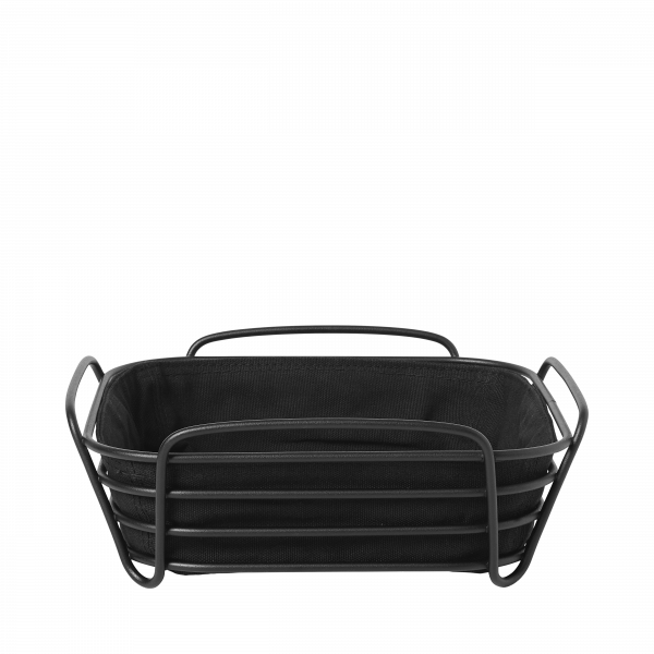 Stylish black metal storage basket with fabric lining, perfect for organizing items.