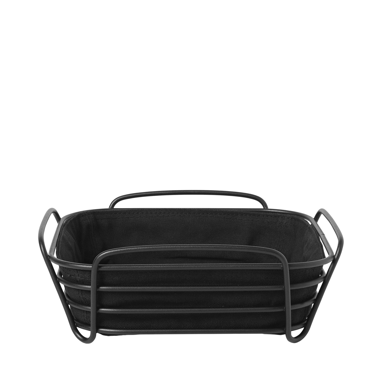 Stylish black metal storage basket with fabric lining, perfect for organizing items.