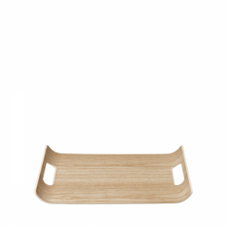 A minimalist wooden serving tray with handles on a black background.