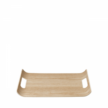 A minimalist wooden serving tray with handles on a black background.