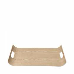 Natural wooden serving tray with cut-out handles on a black background.