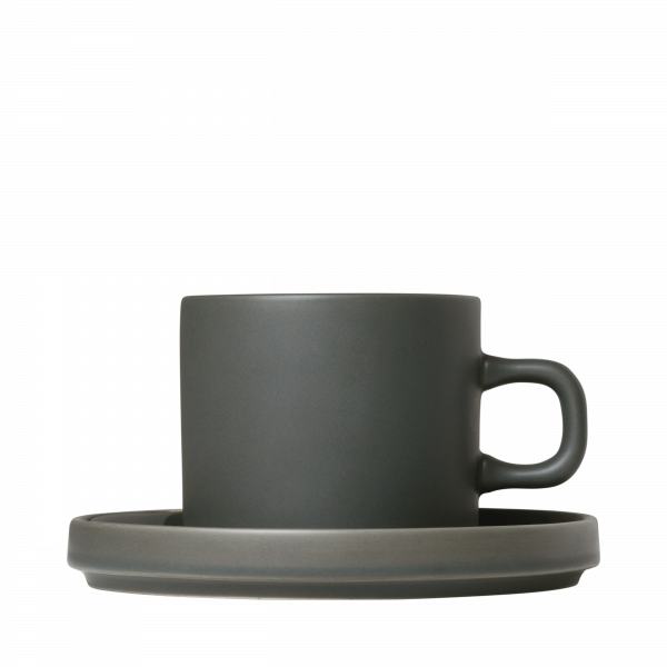 Stylish dark gray coffee cup and saucer on a black background.