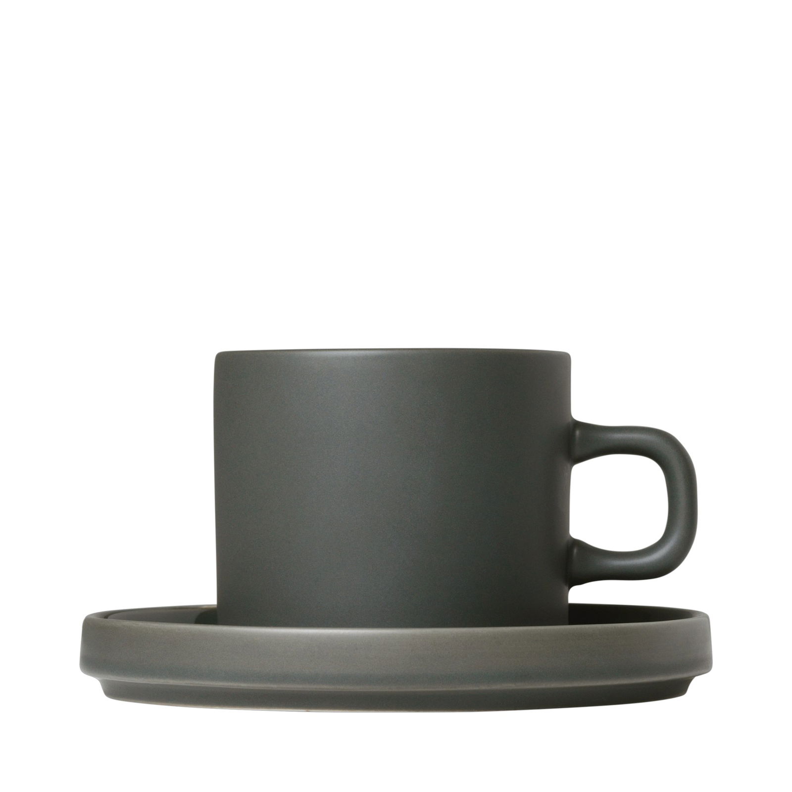 Stylish dark gray coffee cup and saucer on a black background.