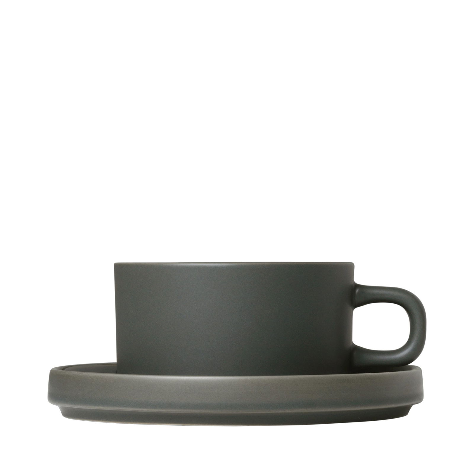 Stylish dark ceramic coffee cup with a matching saucer on a black background.