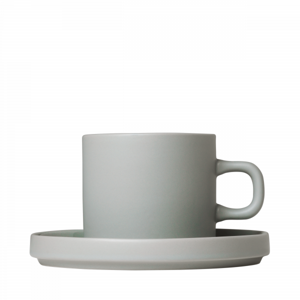 Minimalist gray coffee cup and saucer on a black background.