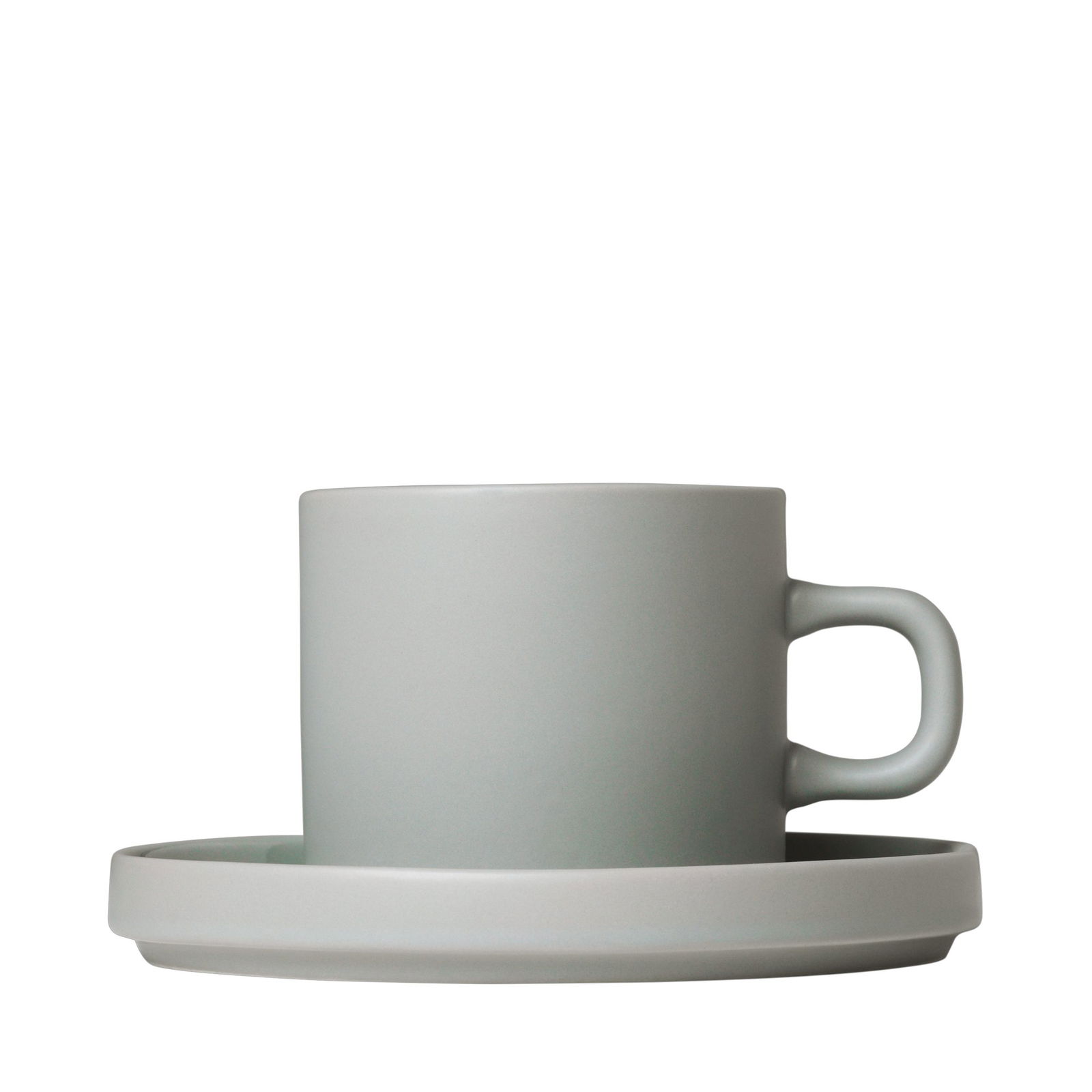 Minimalist gray coffee cup and saucer on a black background.