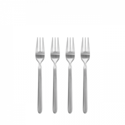 Four silver forks arranged in a row against a black background.