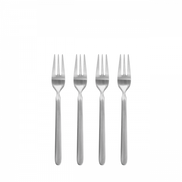 Four silver forks arranged in a row against a black background.