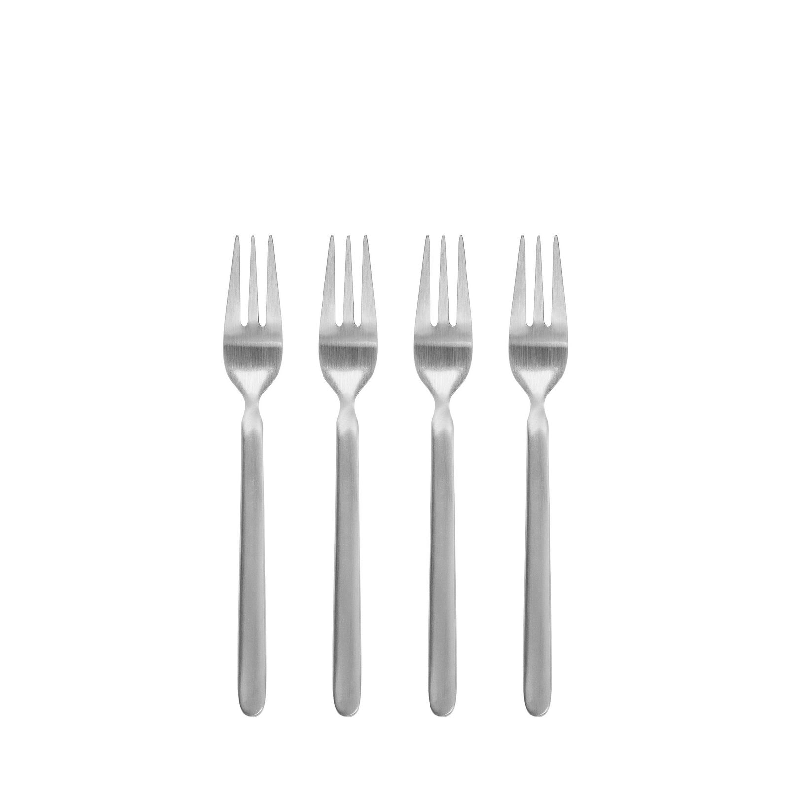Four silver forks arranged in a row against a black background.