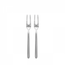 Two sleek stainless steel forks against a black background.