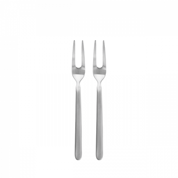 Two sleek stainless steel forks against a black background.