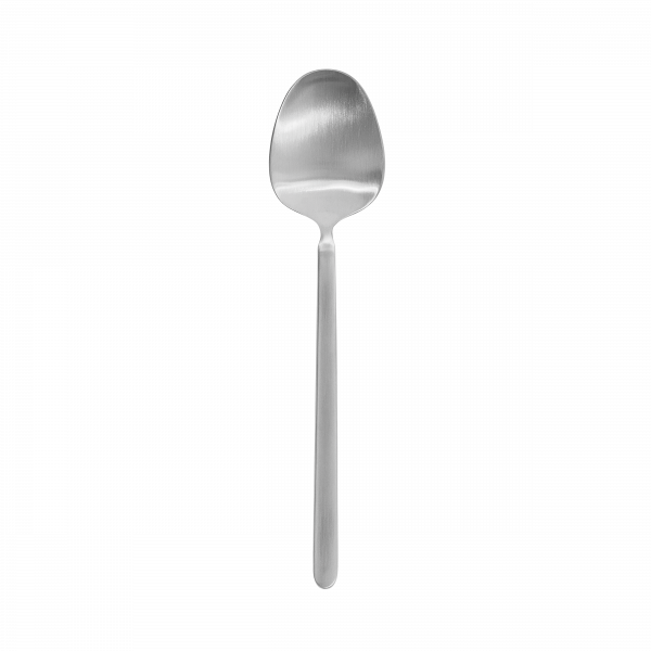 Stainless steel spoon on a black background, showcasing its sleek design.