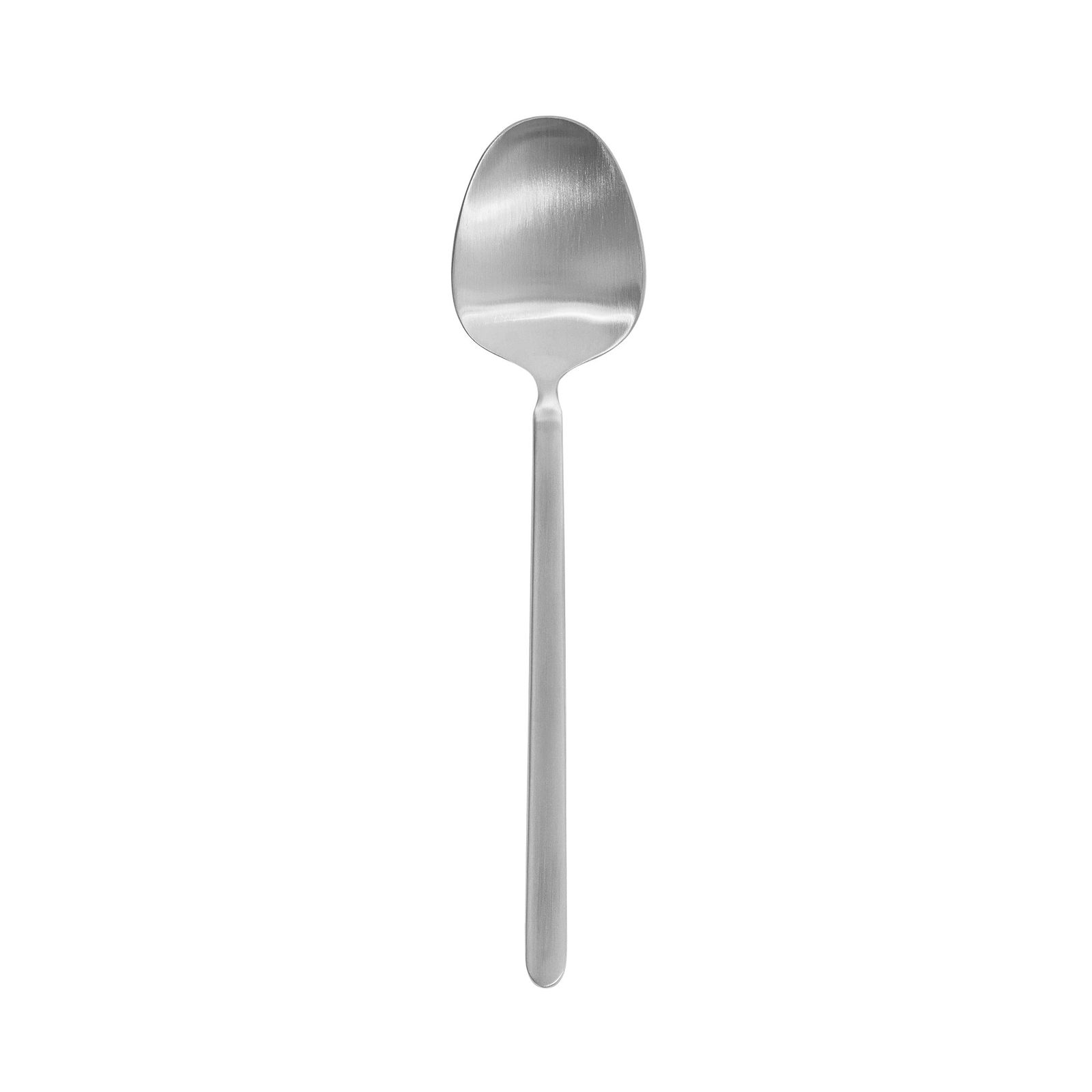 Stainless steel spoon on a black background, showcasing its sleek design.