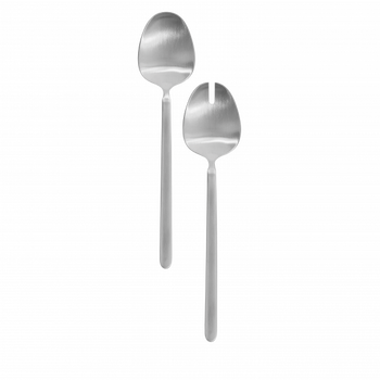 Stylish stainless steel serving spoons with sleek design on a black background.