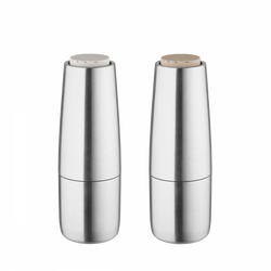 Stylische silberne Salz- und Pfefferstreuer mit modernem Design und neutralen Köpfen.