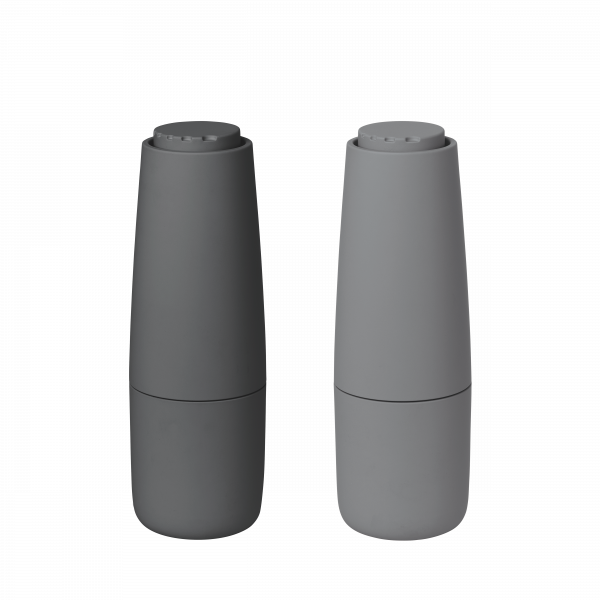 Stylish modern salt and pepper shakers in sleek black and gray colors.