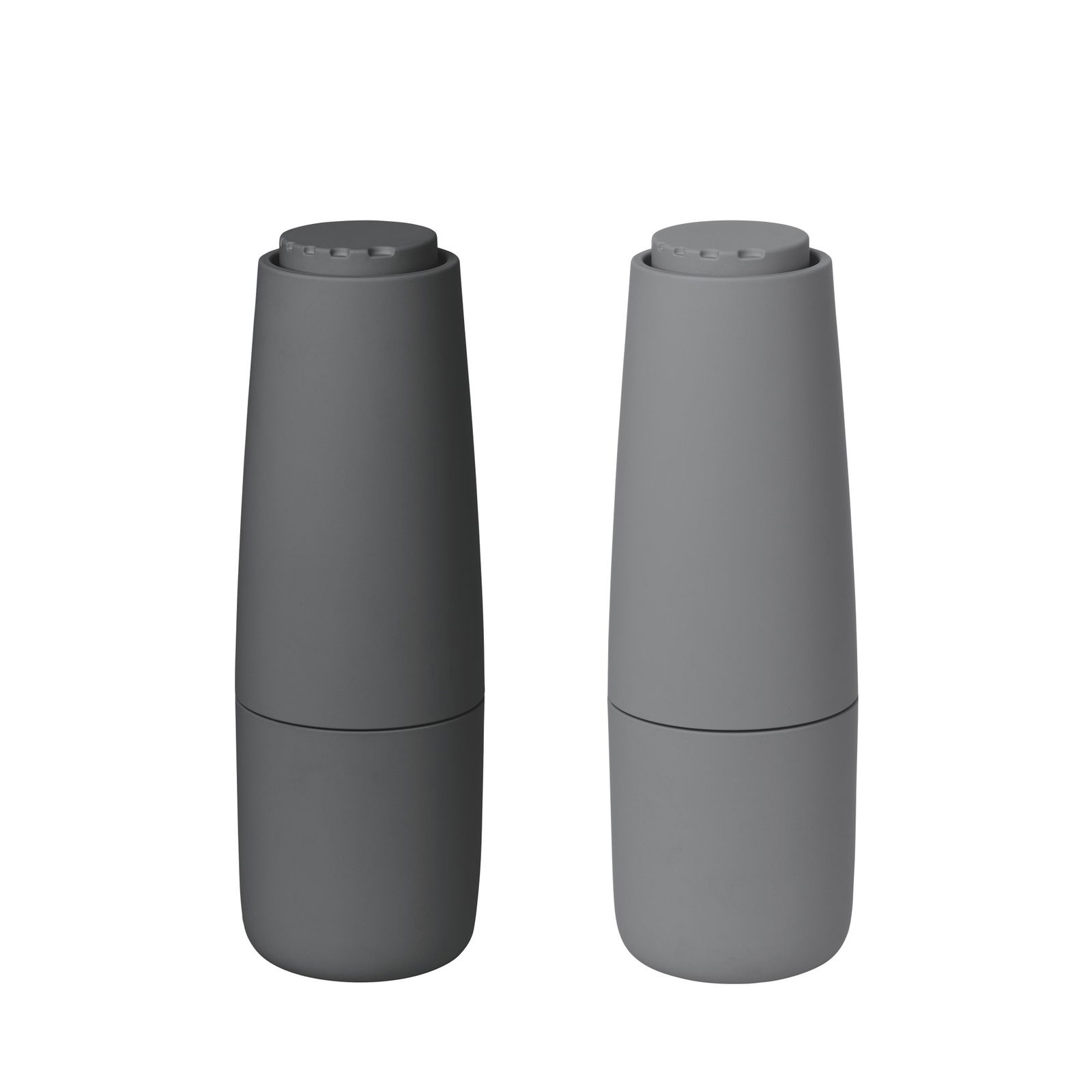 Stylish modern salt and pepper shakers in sleek black and gray colors.
