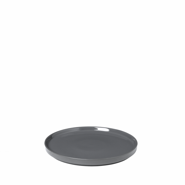 Sleek gray ceramic plate with a smooth, modern design on a black background.