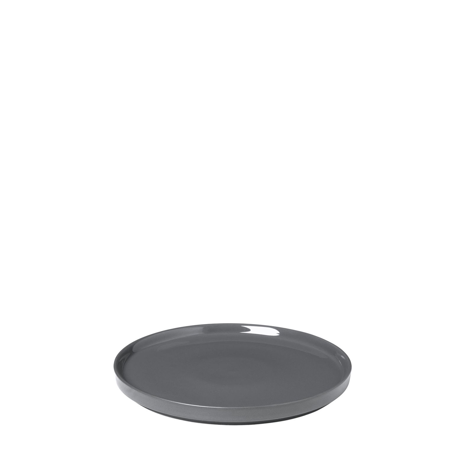Sleek gray ceramic plate with a smooth, modern design on a black background.
