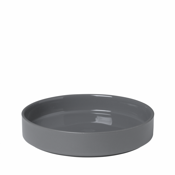 Gray ceramic shallow bowl with a smooth glossy finish.