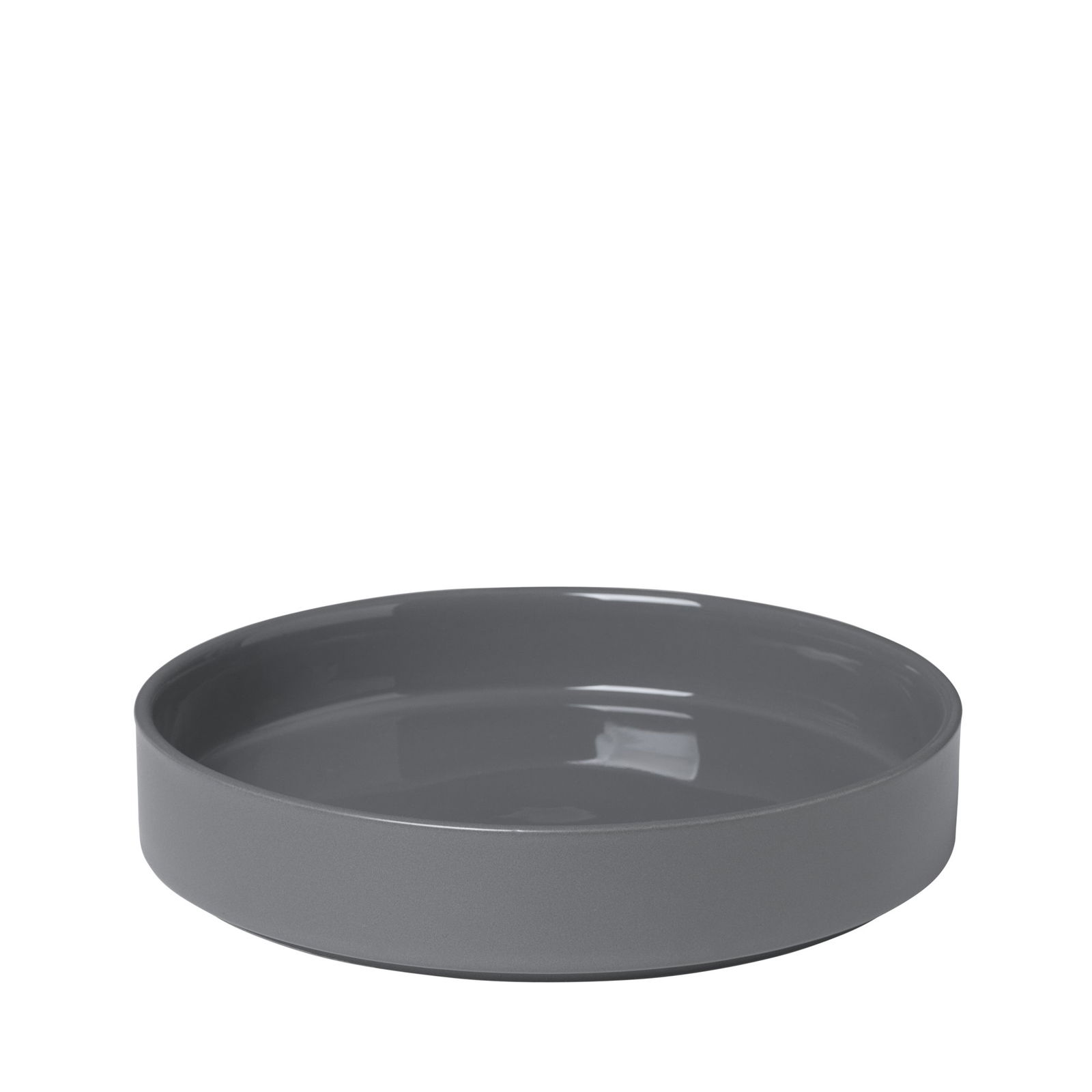 Gray ceramic shallow bowl with a smooth glossy finish.