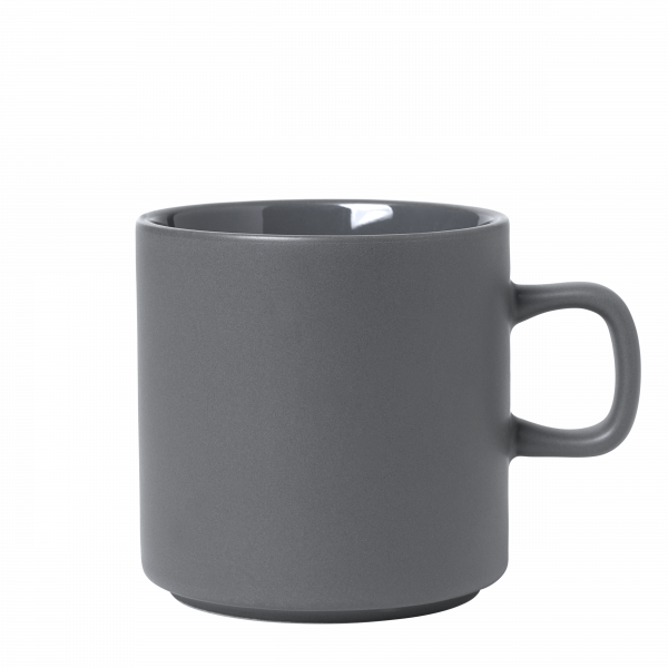 Stylish gray coffee mug with a rounded body and handle on a plain background.